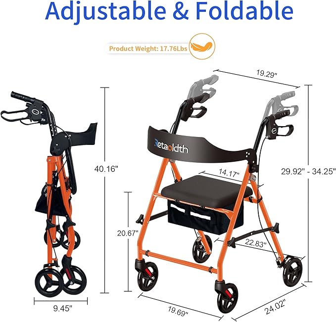 Rollator Walkers for Seniors with Seat, Foldable & One-Hand Carry, Upgraded Rolling Walker with Seat for Seniors, Handles Height Adjustable Rolling Walker for Seniors, Walking & Seated Rest, Orange
