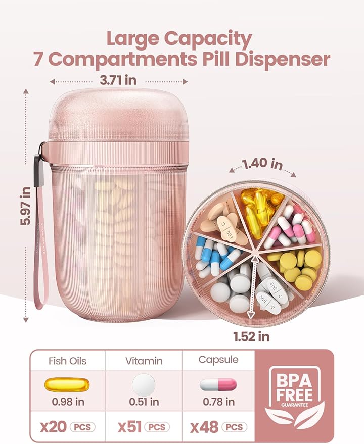 Large Sealed Pill Organizer with Desiccant, Light-Proof Moisture-Proof Pill Bottle with 7 Large Compartments, Anti-Mixing Touch-Free Pill Dispenser, BPA-Free Vitamin Organizer with Handle, Rose Gold