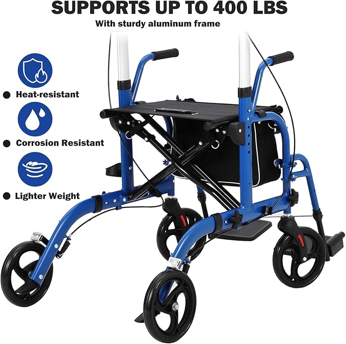 Walker for Seniors,Folding Walker and Transport Wheelchair Combo for Seniors - Lightweight Aluminum All-Terrain Rollator with Seat, Backrest, Hand Brakes & Footrests