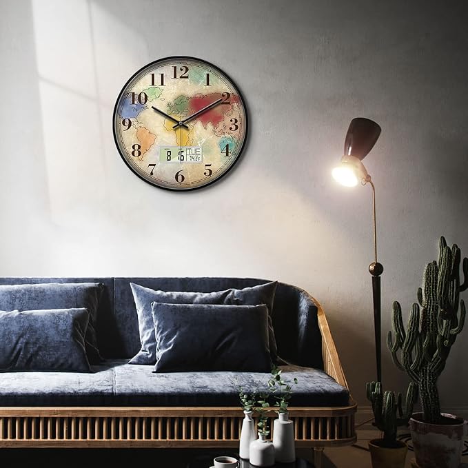 12'' Silent Non-Ticking Vintage Distressed World Map Wall Clock, Battery Operated Analog with LCD Date Day Temp Display, Retro Decor for Home Office Bar Man Cave Classroom