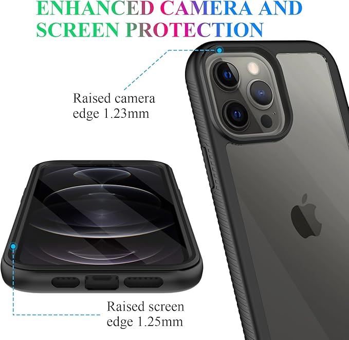 wahhle Compatible with iPhone 12 Pro Max Case, Built in Screen Protector Full Body Shockproof Slim Fit Bumper Protective Phone Cover 6.7'' Men Women-Black/Clear