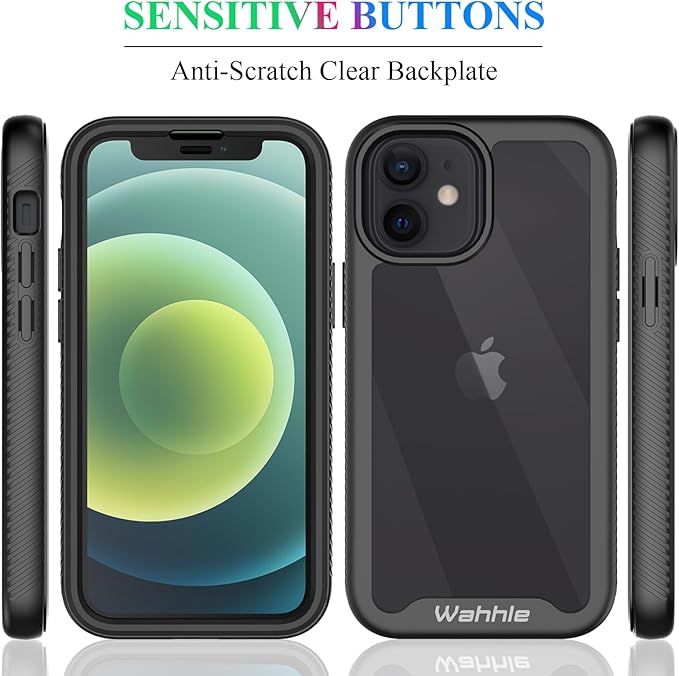 wahhle Compatible with iPhone 12 Mini Case, Built in Screen Protector Full Body Shockproof Slim Fit Bumper Protective Phone Cover 5.4'' Men Women-Black/Clear
