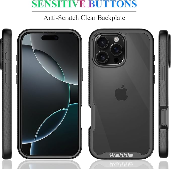 wahhle Compatible with iPhone 16 Pro Case, Built in Screen Protector Full Body Shockproof Slim Fit Bumper Protective Phone Cover 6.3'' Men Women-Black/Clear
