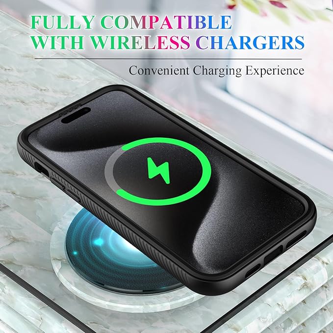 wahhle Compatible with iPhone 15 Pro Case, Magnetic Wireless Charging Built in Screen Protector Full Body Shockproof Slim Fit Bumper Protective Phone Cover 6.1'' Men Women-Black/Clear