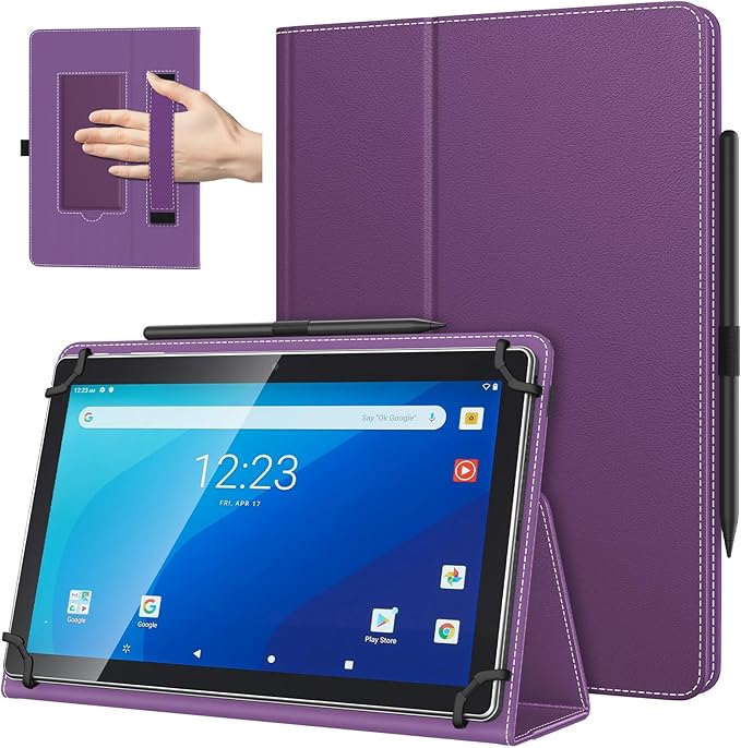 TiMOVO Universal Case for 10.1 Inch Android Tablet with Pen Loop, Lightweight Folding Stand Cover with Hand Strap for All 9.6"-11" Touchscreen Tablet, Dark Purple