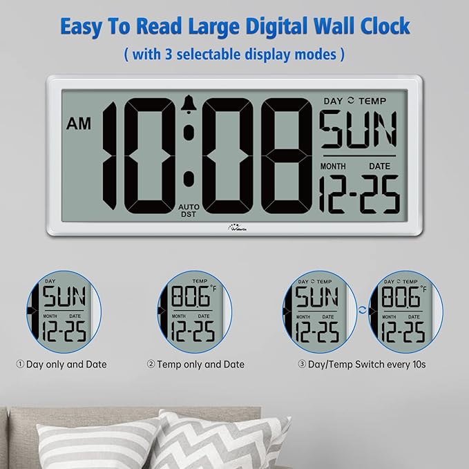 WallarGe 14.5'' Large Digital Wall Clock Battery Operated with Jumbo Numbers, Temperature and Date - Easy to Read and Set, Auto DST