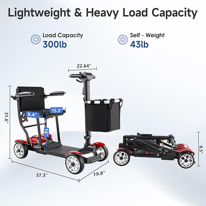 Mobility Scooters for Seniors-Lightweight,Easy Foldable,28Miles Travel Range,Powerful Battery,4X Anti-Slip Rear Wheel, Intelligent Electric Control Motorized Scooters 270W for Adults