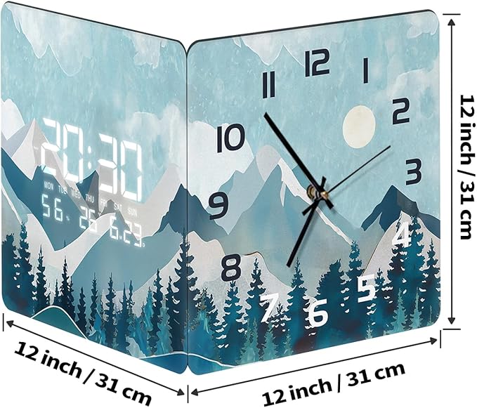 12'' Double Sided 90° Corner Wall Clock, Teal Mountain Moon, Radar Motion Activated, Analog & LED Display with Temp Humidity Date Day, Silent Non-Ticking Plug-in for Bedroom Living Room