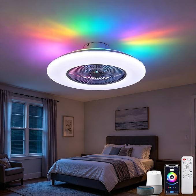 24" Bladeless Ceiling Fan with RGB Ambient Light, Low Profile Flush Mount Fan with APP/Remote/Alexa Control, 6-Speed Quiet, Dimmable Color Changing LED, White