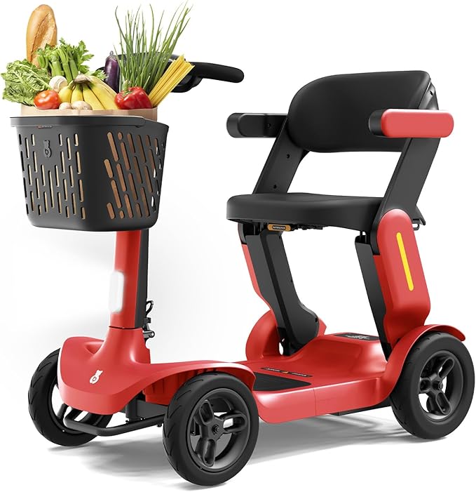 Glashow S3 Foldable Mobility Scooter for Seniors and Adults – 4-Wheel Lightweight Electric Scooter, 25-Mile Range, 6 mph Max Speed, 265 lb Capacity, PAI Safety System for Outdoor Travel- Red