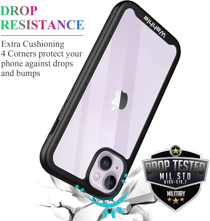 wahhle Compatible with iPhone 14 Plus Case, Full-Body Phone Cover with Screen Protector Shockproof TPU Bumper Case 6.7 Inches-Black Clear