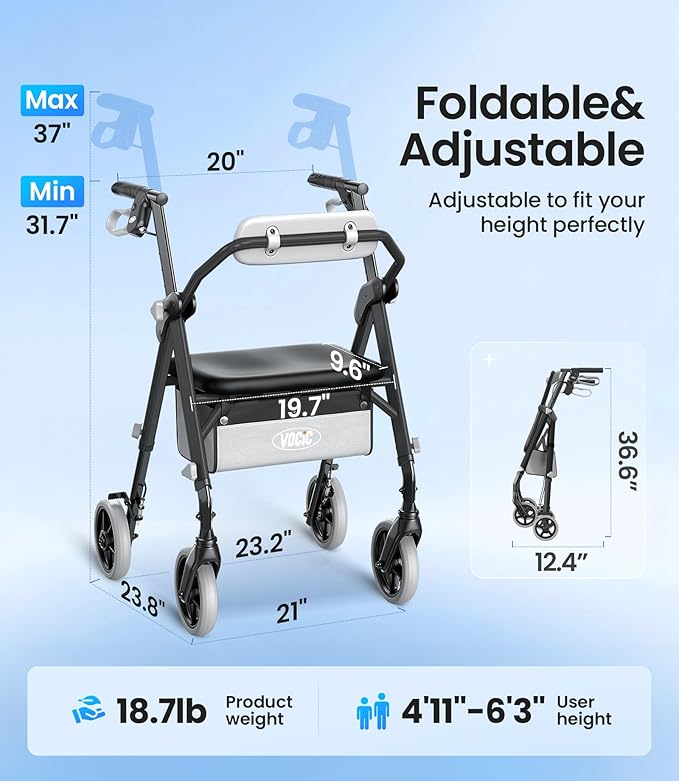 Walkers for Seniors, Z11 Rollator Walker with Seat, Max 380 lbs, Avant Walkers with Ergo Seat & Backrest, Foldable Rollator Adjustable Height, All Terrain Walker, Lightweight