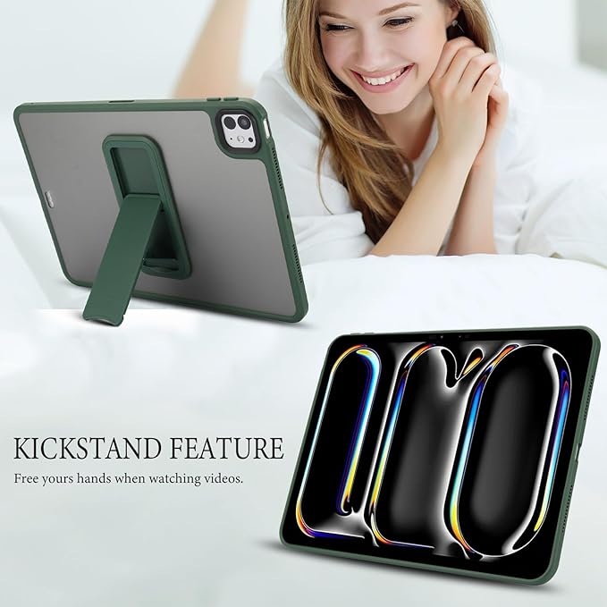 Dteck for iPad Pro 13-inch (M4/M5) 2024/2025 Release Clear Case with Foldable Kickstand, Screen Protector Film, Stylus, Slim Fit Lightweight Protective Thin Transparent Tablet Back Cover Shell, Green