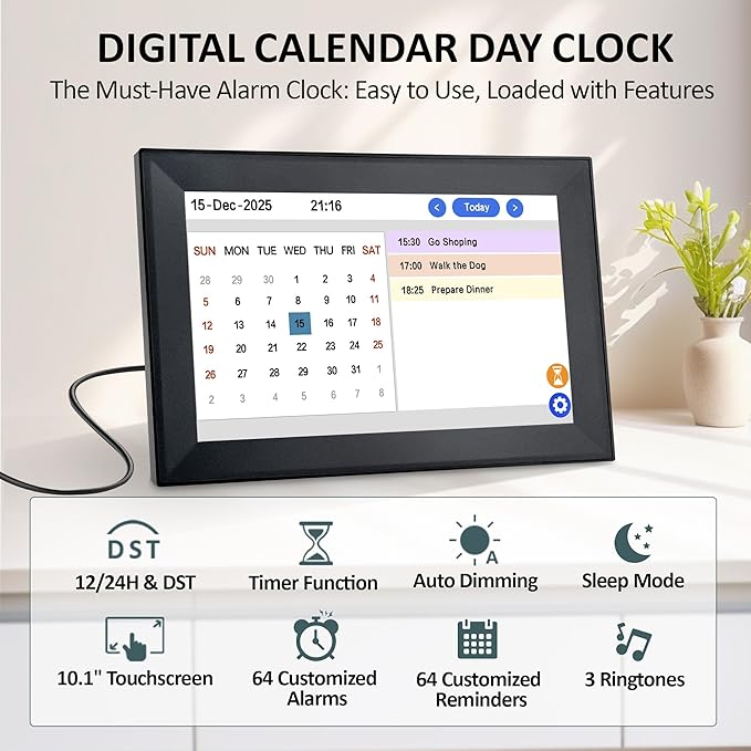 10.1" Touchscreen Digital Clock Large Display, Dementia Clocks for Seniors Custom 64 Alarms and Reminders, Auto DST, Auto-Dimming, Digital Alarm Clock with Day and Date for Elderly(Black)