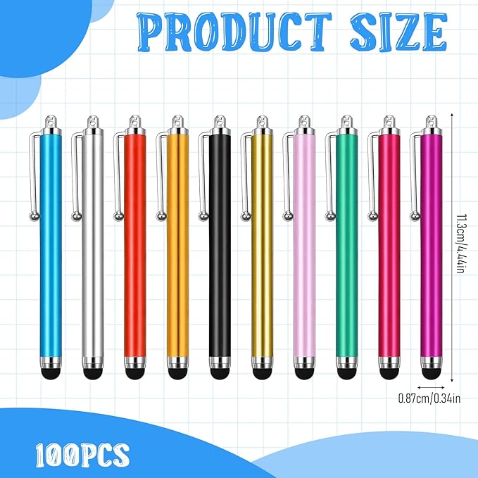 100 Pieces Stylus Pen for Touchscreen Universal Capacitive Touch Screen Pens Mesh Fiber Tip Stylus Pens for All Precision Capacitive Universal Touch Screen Devices,8 Colors