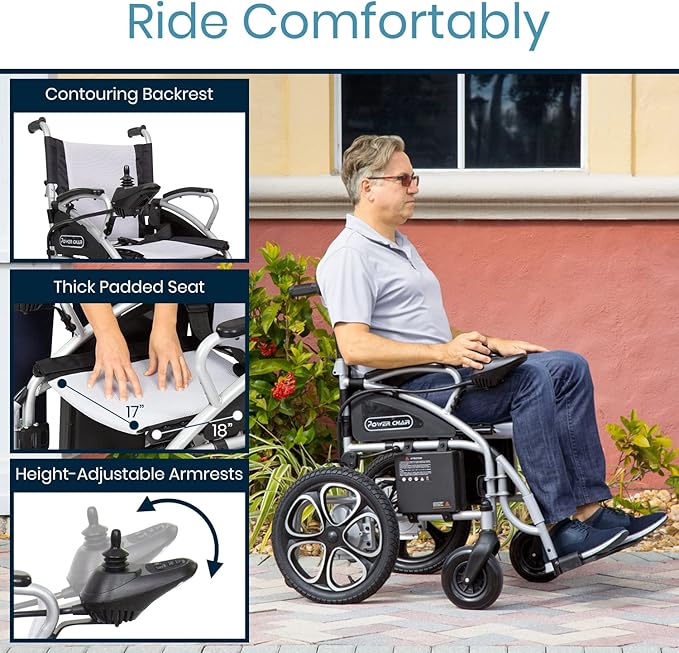 Vive Folding Electric Wheelchair - Foldable Wheel Chair, Narrow Power Scooter, Heavy Duty, TSA Approved - Compact Size for Seniors Adults - Battery Portable, Folds, Shock-Absorbing (16 x 30 x 28.5)