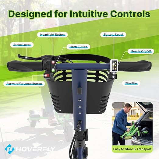 Hoverfly T3 Folding Powered Mobility Scooter for Seniors, Portable 3-Wheel E-Scooter with Seat, 13-Mile Range Safe LiFePO4 Battery, 264 lbs Load&Solid 8" Tires, Fits in Car Trunks for Daily Rides Blue