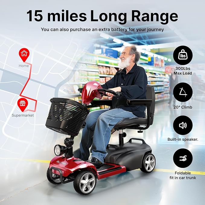 iScooter 4 Wheels Mobility Scooter, Up to 300LBS Mobility Scooter for Seniors & Adults, Foldable Electric Wheelchair Device, LED Headlight, Basket, Cup Holder,Long Range,USB Charging