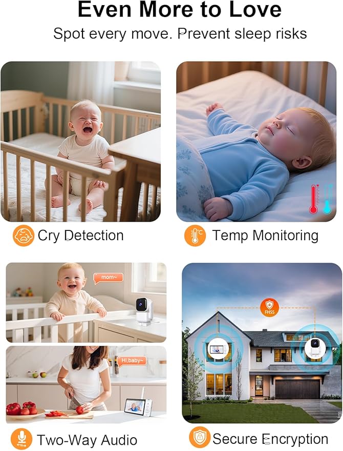 2-Camera Smart Baby Monitor with App and 5" Display, Dual Connectivity (No WiFi FHSS & WiFi), 1080P HD Remote Pan-Tilt-Zoom with Motion Tracking, 36H Battery, White Noise, Cry & Temp Alerts