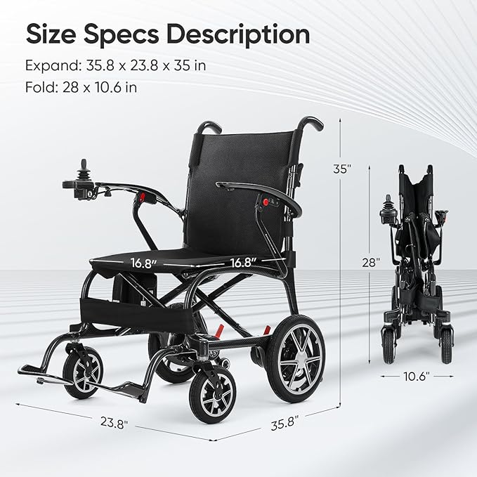 25.5lbs Carbon Fiber Electric Wheelchair for Adults, Lightweight Foldable Travel Power Wheelchair, Portable Motorized Wheelchairs, Airline Approved, Black