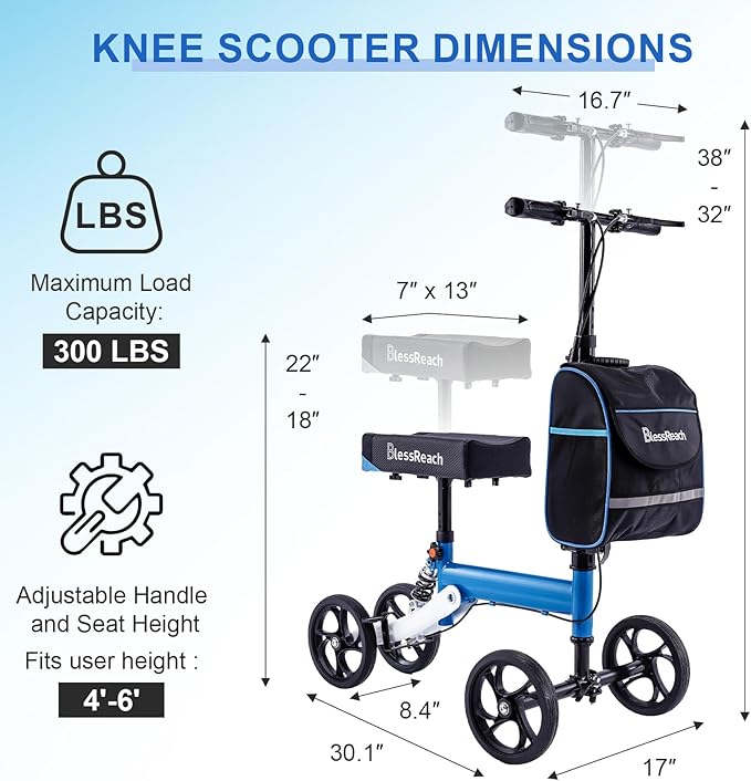 BlessReach Knee Scooter Steerable Knee Walker Deluxe Medical Scooter for Foot Injuries Adult Compact Crutches,Supports Up to 300 lbs（Blue）