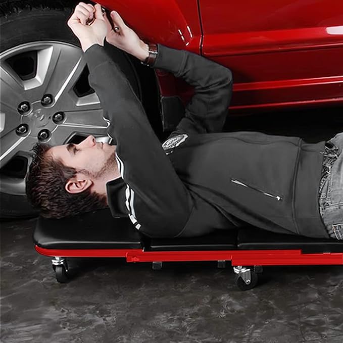 Magshion 36" Triplex Folding Creeper 2-in-1 Garage Foldable Creeper and Seat, Low Profile Mechanic Creeper with 6 Caster Wheels - 330 lbs Capacity (Red)