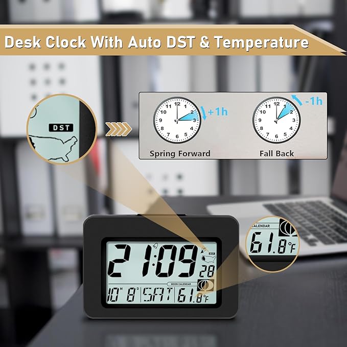 Handy Atomic Alarm Clock - 6'' Battery Operated Digital Clock with Seconds, Self-Setting, Auto Sync, DST, Selectable Time Zones,Portable Travel Desk Clock with 5s Touch Backlight for Bedroom