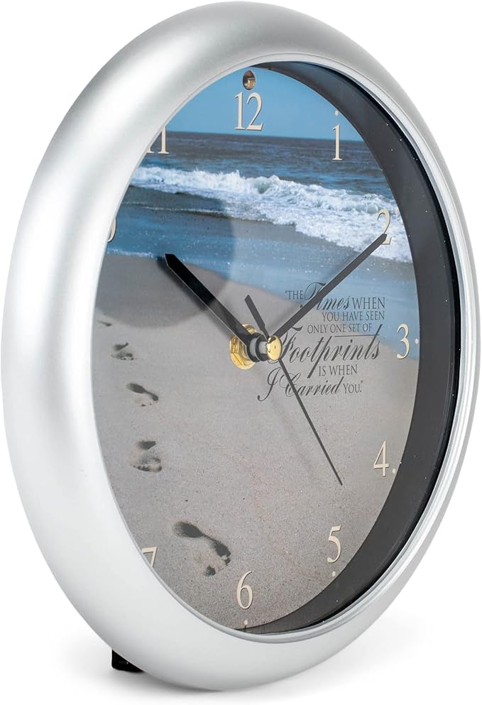 Mark Feldstein & Associates Footprints in The Sand Inspirational Silver Tone 8 inch Three Hymn Sound Clock