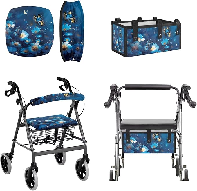 3-Piece Walker Seat Cover & Storage Bag Set, Blue Butterfly Rollator Walker Accessories for Elderly, Padded Universal Fit Seat Cover with Storage Pouch, Easy Insall Basket