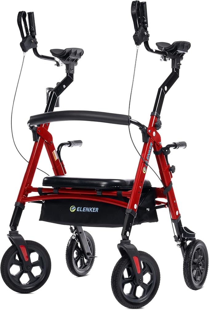 ELENKER All Terrain Heavy Duty Upright Walker with Extra Wide Seat, Foldable Aluminum Bariatric Stand Up Rolling Walker, 10” Wheels, Fully Adjustment Frame, Support up to 500 lbs for Seniors, Red
