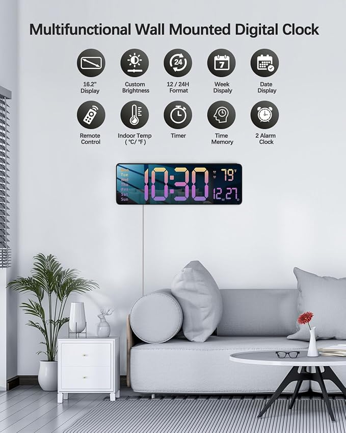 JoFomp Modern 16" Large Digital Wall Clock with Remote Control, LED Display, Auto-Dimming, Countdown, Temperature, Calendar - 12/24Hr Format - Silent Wall Clock for Home, Office (Gradient Pink)