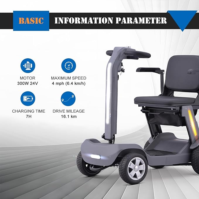 Foldable Mobility Scooter for Adults & Senior, 4 Wheels Powered Device for Travel, Lightweight and Portable, with LED Strip Light, Storage Bag, Charger Included, No Assemble Required (Grey)