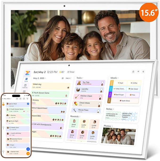 15.6" Digital Calendar & Smart Wall Planner: Electronic Touchscreen Display for Family Schedules, Chore Chart & Meal Planning - Cloud Auto-Sync, No Subscription, Wall Mount Included