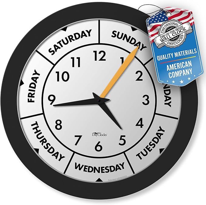 Time & Day of The Week Wall Clock with 12” Modern Black Frame – – Ideal Retirement Gift for Men and Women, Day Clock for Seniors and Retirees