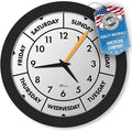Time & Day of The Week Wall Clock with 12” Modern Black Frame – – Ideal Retirement Gift for Men and Women, Day Clock for Seniors and Retirees