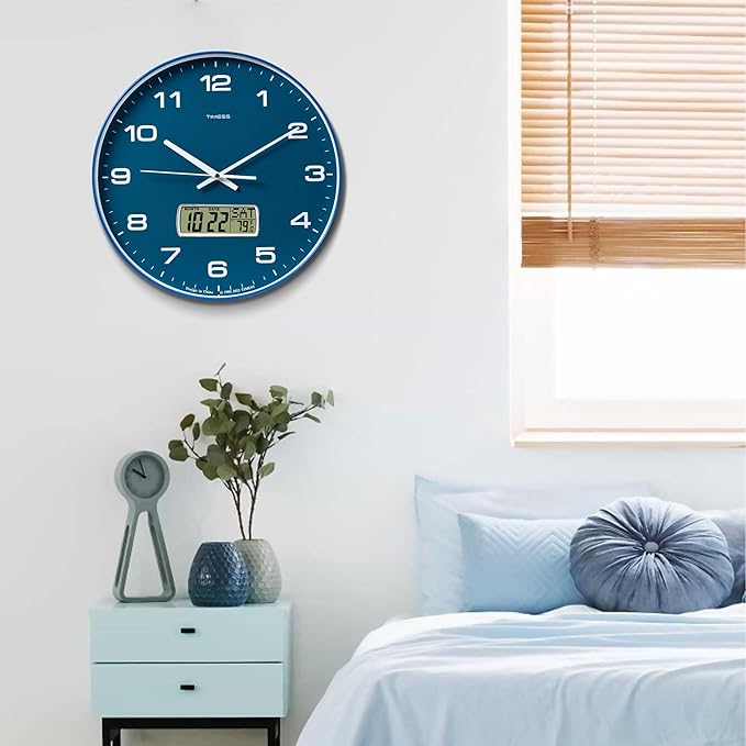 TIMESS Wall Clock, 14" Large Dial Non-Ticking Silent Battery Operated Analog with LCD Display for Perpetual Calendar and F° Temperature, Ideal Modern Home, Bedroom, Kitchen, Office Decor (Blue)