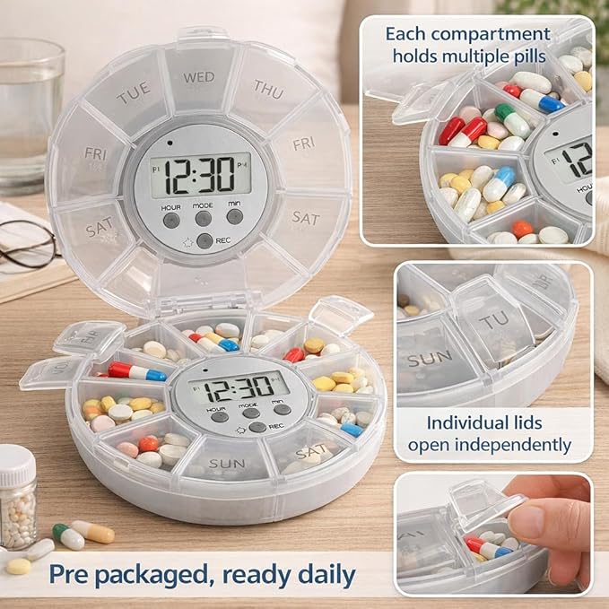 Case with Alarm, Weekly Medicines Setting Up Voice Reminders with Recording Playback Function 7 Day Medication Times Dispenser The Elderly Blind Person