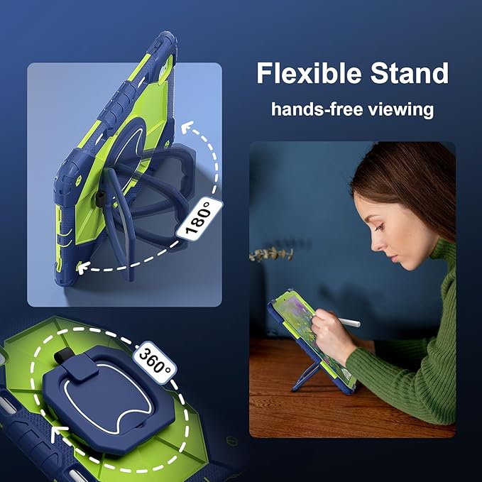 Dteck for iPad Pro 11 inch (M4/M5) 2024/2025 Release Shockproof Case with Shoulder Strap/Pencil Holder/Rotating Kickstand Handle, Heavy-Duty Sturdy Rugged Cover, Protective Tablet Shell, Blue Green