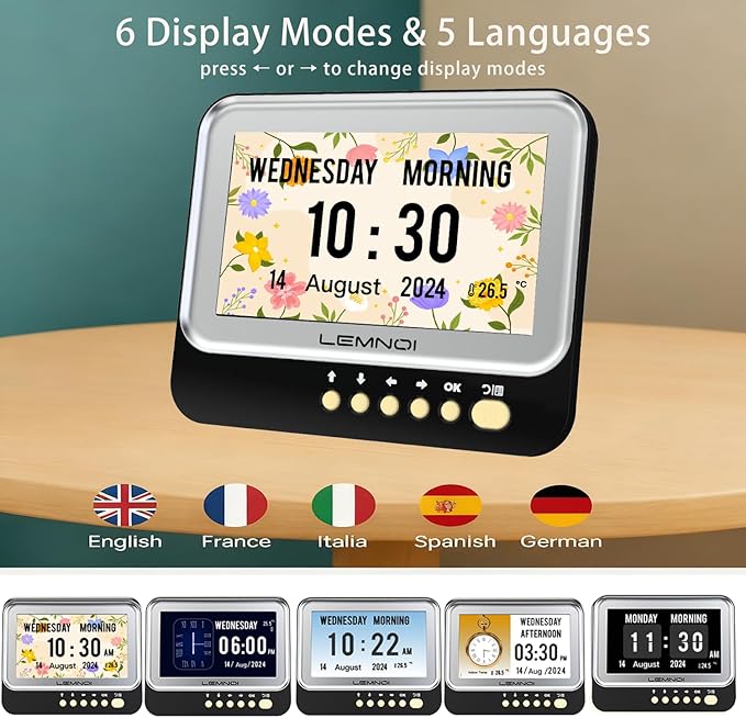 Lemnoi 7 Inch Dementia Clock,Digital Day and Time Clock for Seniors Elderly Memory Loss Alzheimer’s Large Display Date Temp,12 Labels Image & 15 Medicine Alarm Reminder,Auto DST (2025 New)