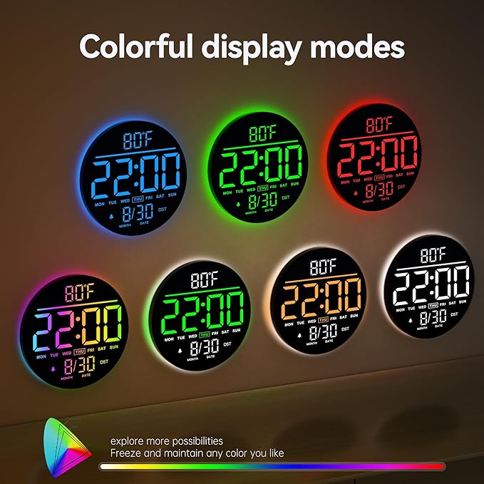 JALL 10" Large Digital Wall Clock with Seconds, Alarm Countdown Timer, Big LED Display, RGB Color, DST, Temperature, Mounted for Bedroom Living Room Office Classroom Gym, Xmas Birthday Gift, White