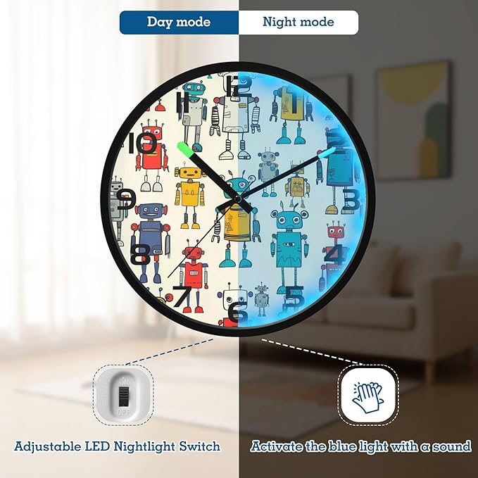 Cute Robots Cartoon Wall Clock with Night Light, Sound Control Clock, Non-Ticking, Battery Operated, Light Up Clocks for Bedroom