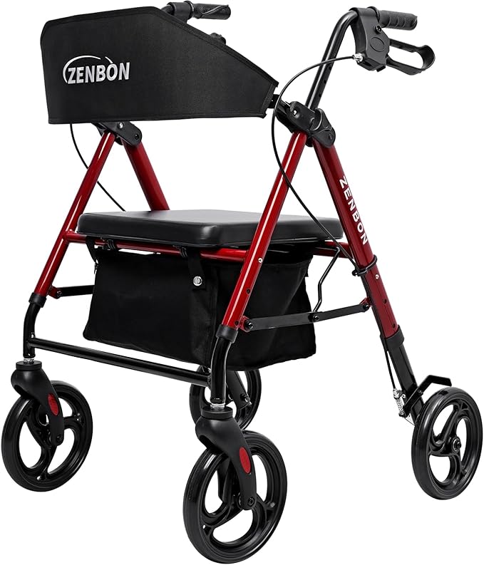 Rollator Walker for Seniors/Adults Foldable Rolling Walker with Seat 265 lbs Capacity 4 Big 8 inch Wheels Hand Grips Adjustable Height Lightweight Iron Aluminum Walker (Red)