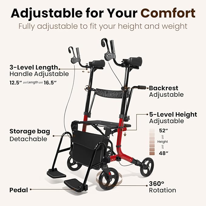 Upright Walkers for Seniors 450 lbs Capacity, 22 lbs Foldable Lightweight Walkers for Seniors with Seat, Armrest and Pedal, Height Adjustable Rollator Walker with Seat for Travel & Gift (Red)