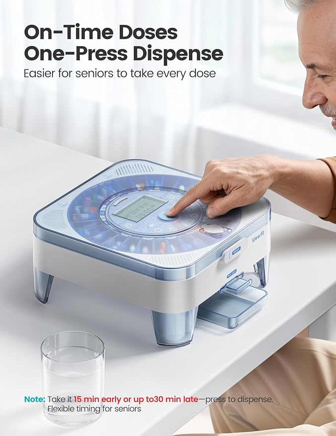 28-Day Automatic Pill Dispenser One-Press Dispense Sound & Light Alerts Moisture-Proof