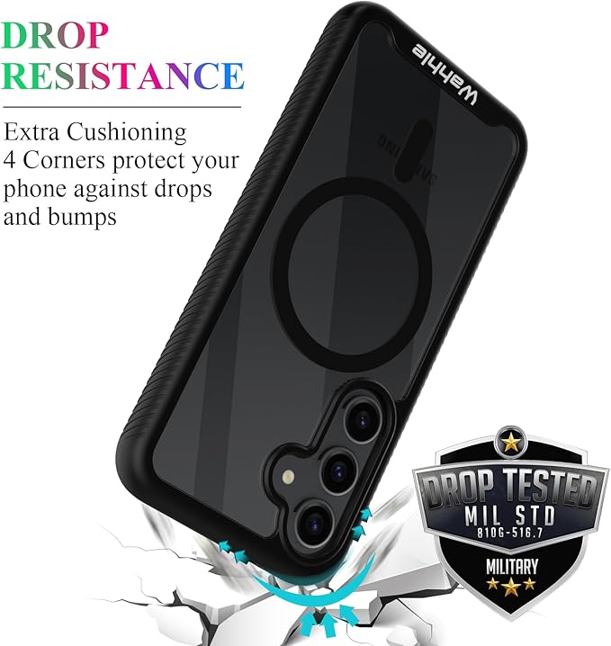 wahhle Compatible with Samsung Galaxy S24+ Plus Case, Magnetic Wireless Charging Built in Screen Protector Full Body Shockproof Slim Fit Bumper Protective Phone Cover 6.6'' -Black/Clear
