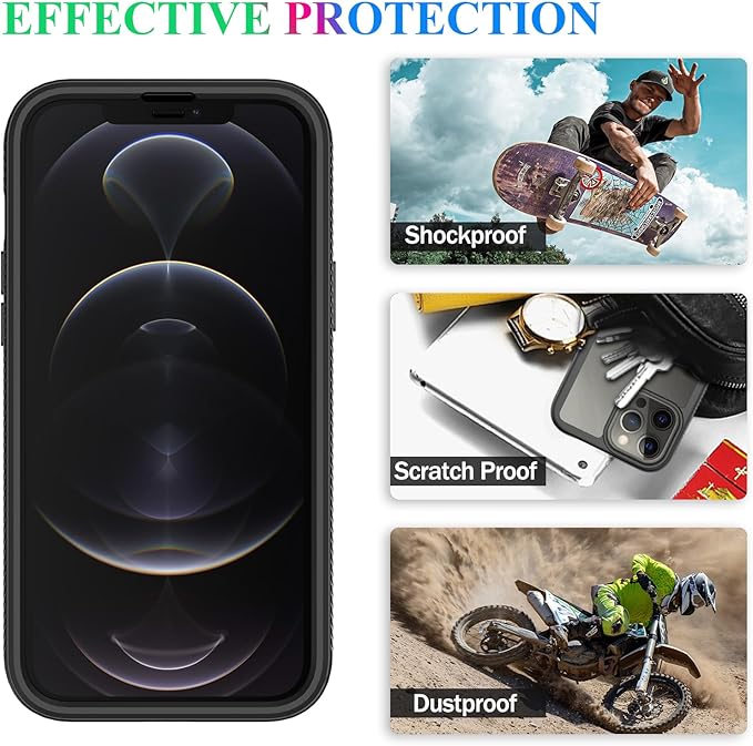 wahhle Compatible with iPhone 12 Pro Max Case, Built in Screen Protector Full Body Shockproof Slim Fit Bumper Protective Phone Cover 6.7'' Men Women-Black/Clear