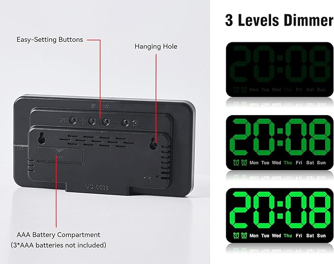 9.5 Inch Large Digital Wall Clock with LED Display, Auto DST, Dual Alarm with Snooze, Adjustable Brightness, Temperature & Date Display, Wall Mount or Desk Clock for Bedroom, Living Room, Office-Green