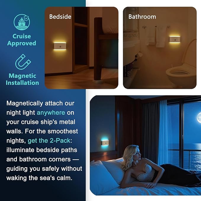 2-Pack Motion Sensor Night Light – Cruise Approved, Magnetic & Rechargeable with USB, RGB Color-Changing Modes, LED Auto Nightlight for Cabin, Bathroom, Hallway, Bed or Stairs (Indoor Travel Use)