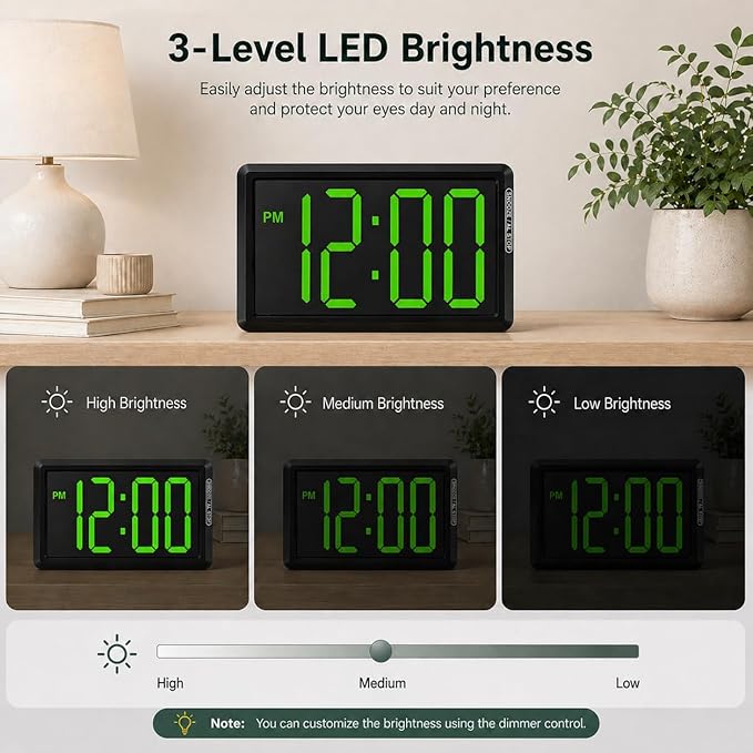 KWANWA Digital Alarm Clock, 3.8-inch Extra Large LED/LCD Digits, Battery or USB Powered, Auto Light Sensor for Day/Night, Wall Clock & Desktop Stand for Seniors, Bedroom, Office, Living Room