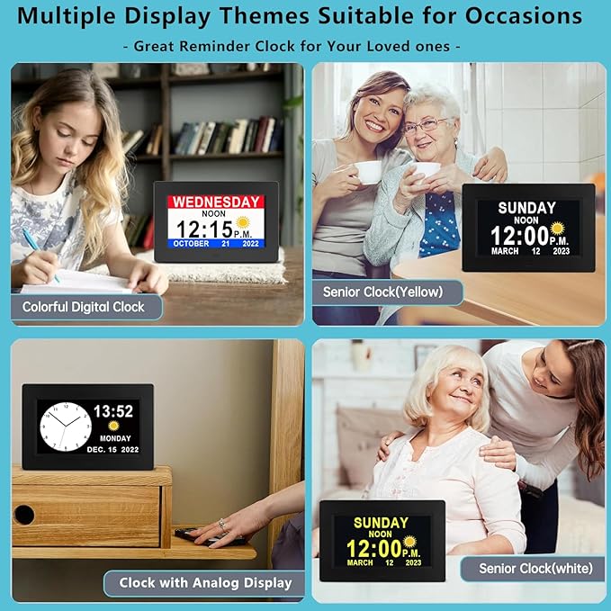 Véfaîî Upgraded Large Digital Calendar Clock with Day Night Icons for Elderly, 20 Custom Reminders, Auto DST, 10 Levels Night Dimmer, 8 Colors 3 Display Modes,10 Levels Volume, 7" Black with Remote